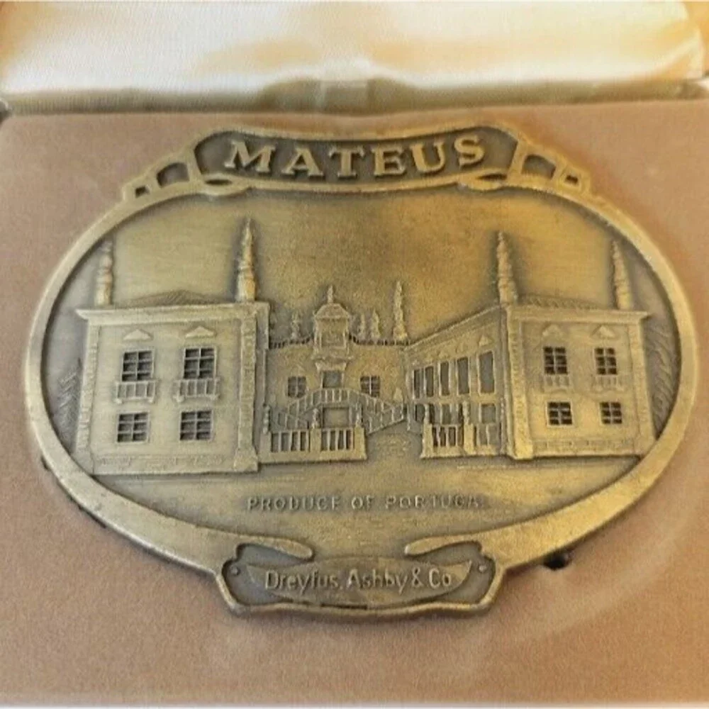 Vtg 1970s Mateus Booze Produce Of Portugal Brasstone Belt Buckle With Box